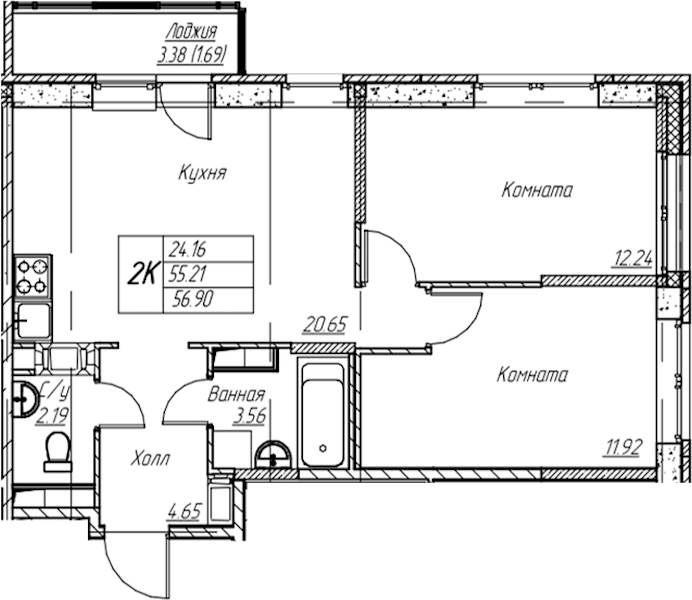 2-комнатная квартира 56.9 м², 13/22 эт., ЖК «Парк-квартал Юнтолово»